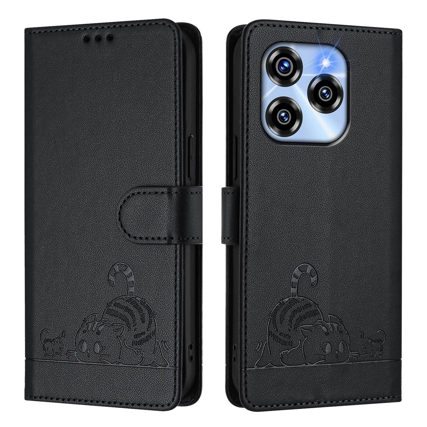 Oukitel C50 Cat and Rat Embossed Pattern, RFID Leather Phone Case with Lanyard, Kickstand, and Wallet Features