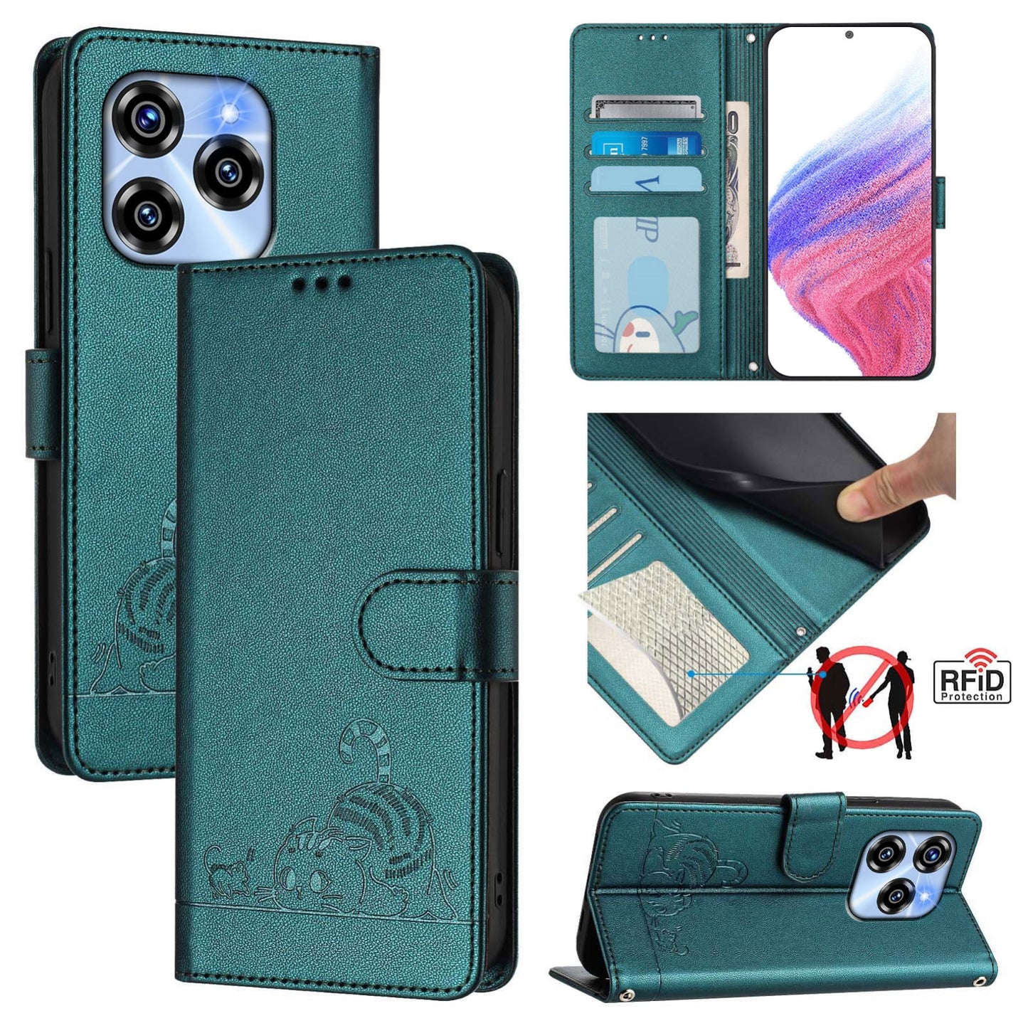 Oukitel C50 Cat and Rat Embossed Pattern, RFID Leather Phone Case with Lanyard, Kickstand, and Wallet Features