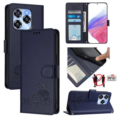 Oukitel C50 Cat and Rat Embossed Pattern, RFID Leather Phone Case with Lanyard, Kickstand, and Wallet Features