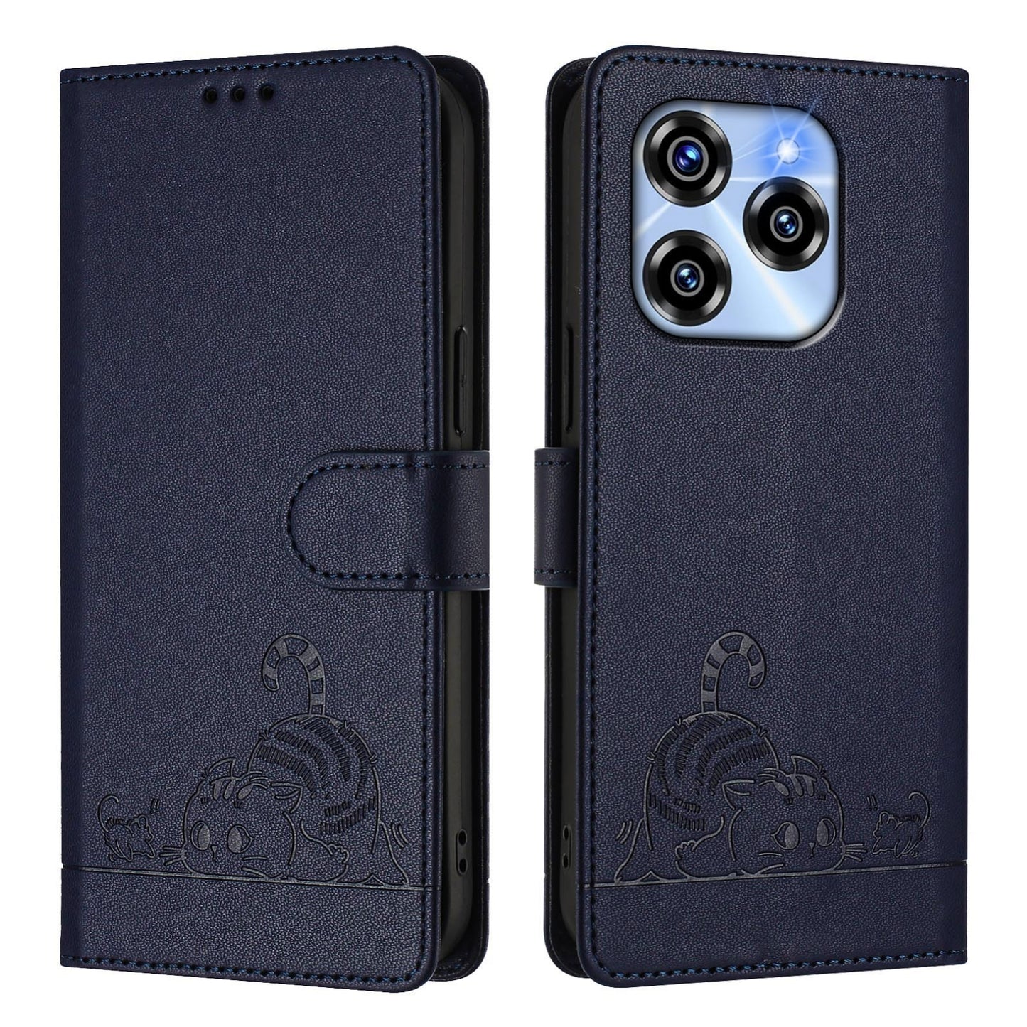 Oukitel C50 Cat and Rat Embossed Pattern, RFID Leather Phone Case with Lanyard, Kickstand, and Wallet Features