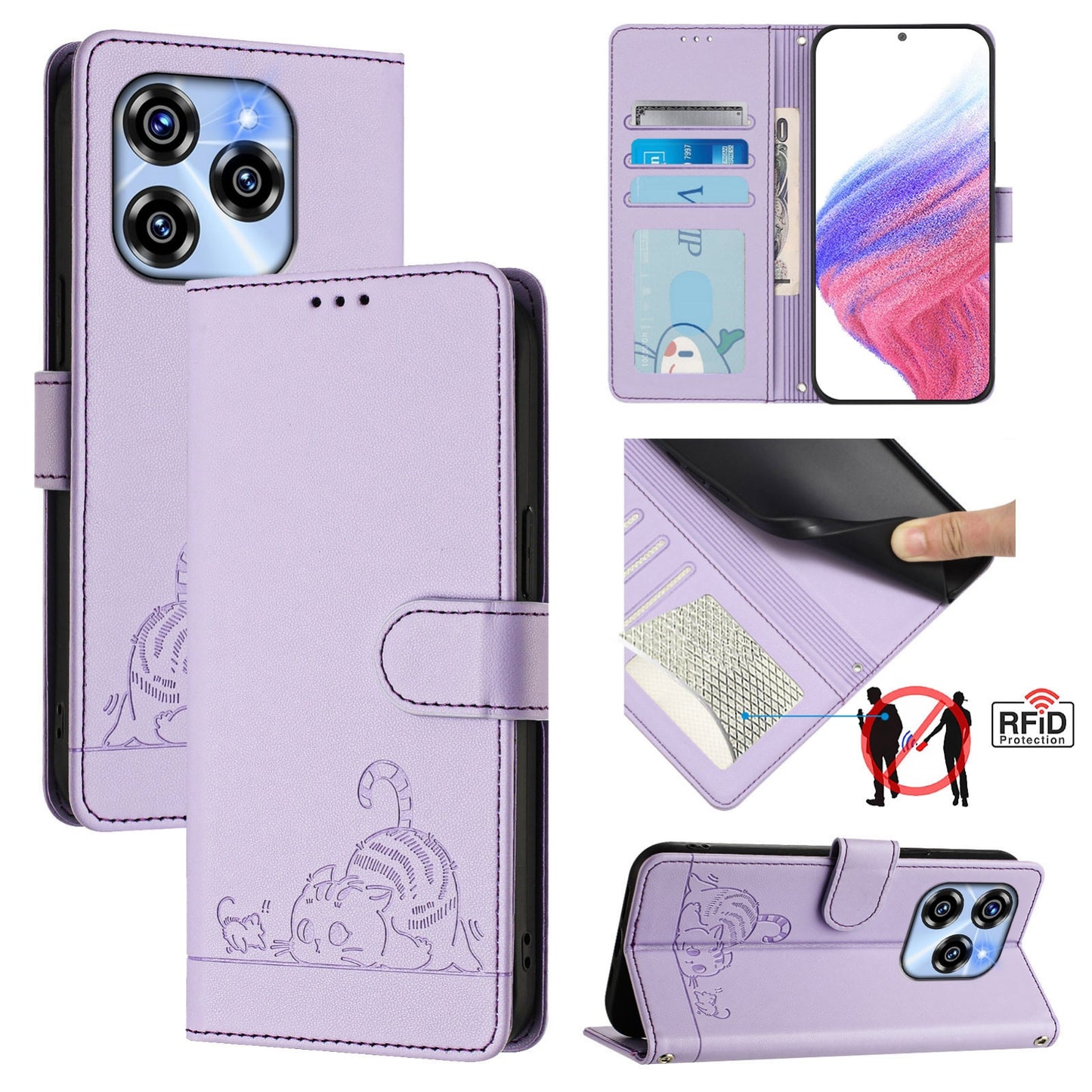 Oukitel C50 Cat and Rat Embossed Pattern, RFID Leather Phone Case with Lanyard, Kickstand, and Wallet Features