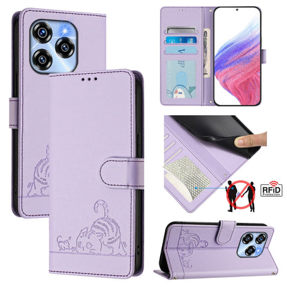 Oukitel C50 Cat and Rat Embossed Pattern, RFID Leather Phone Case with Lanyard, Kickstand, and Wallet Features