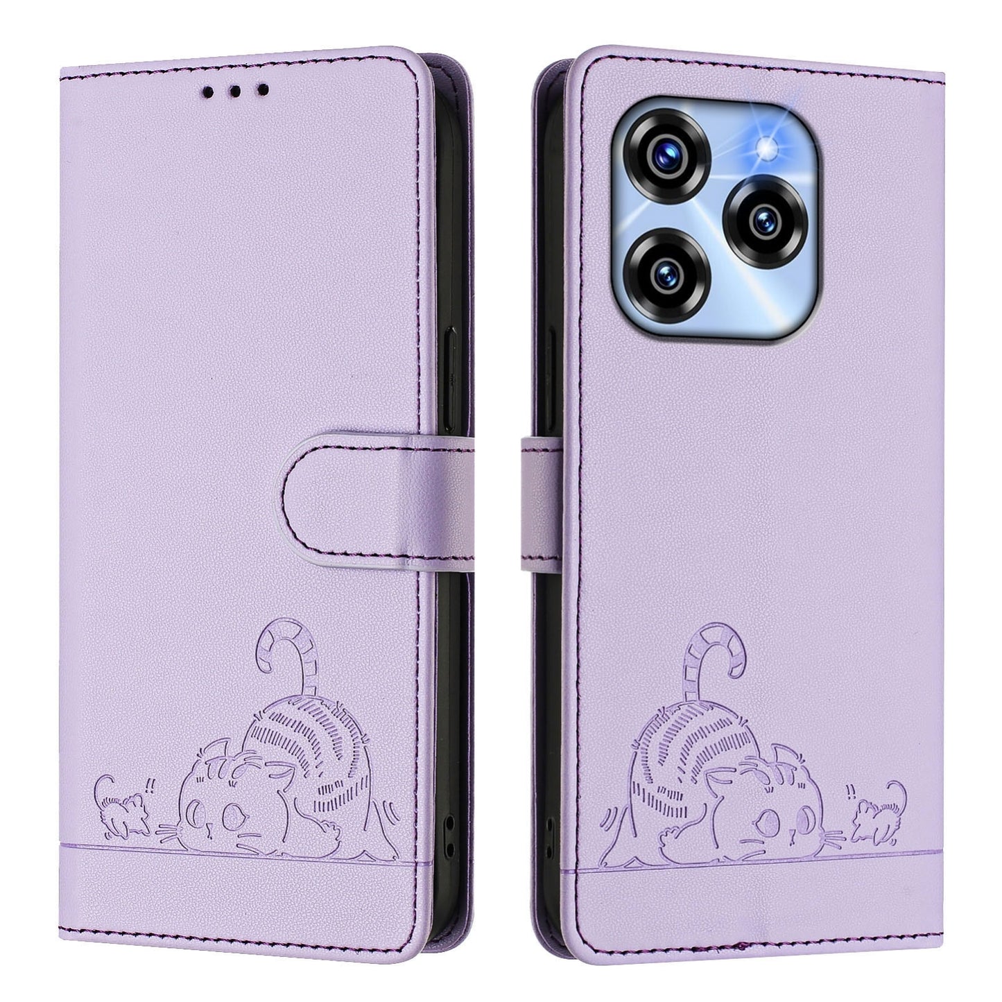 Oukitel C50 Cat and Rat Embossed Pattern, RFID Leather Phone Case with Lanyard, Kickstand, and Wallet Features