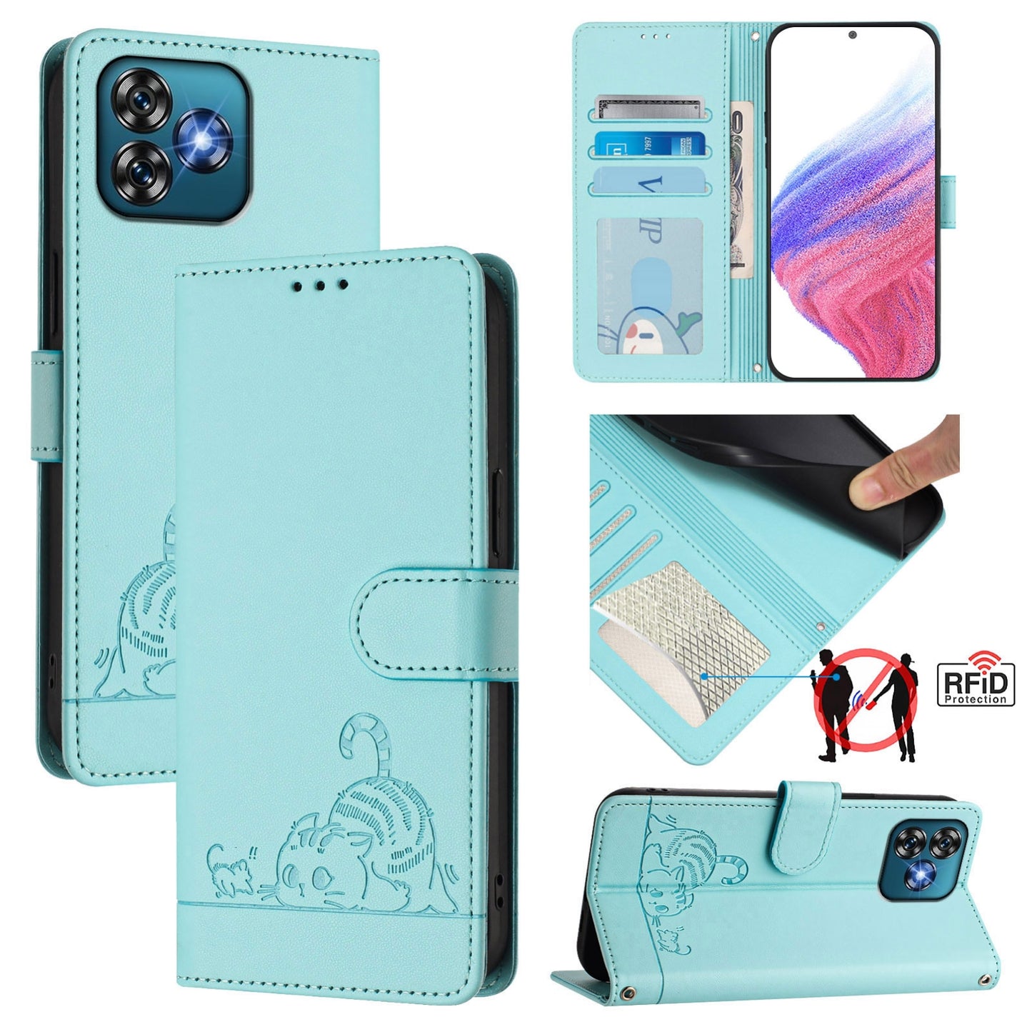 Oukitel C53 Cat and Rat Embossed Pattern, RFID Leather Phone Case with Lanyard, Kickstand, and Wallet Features