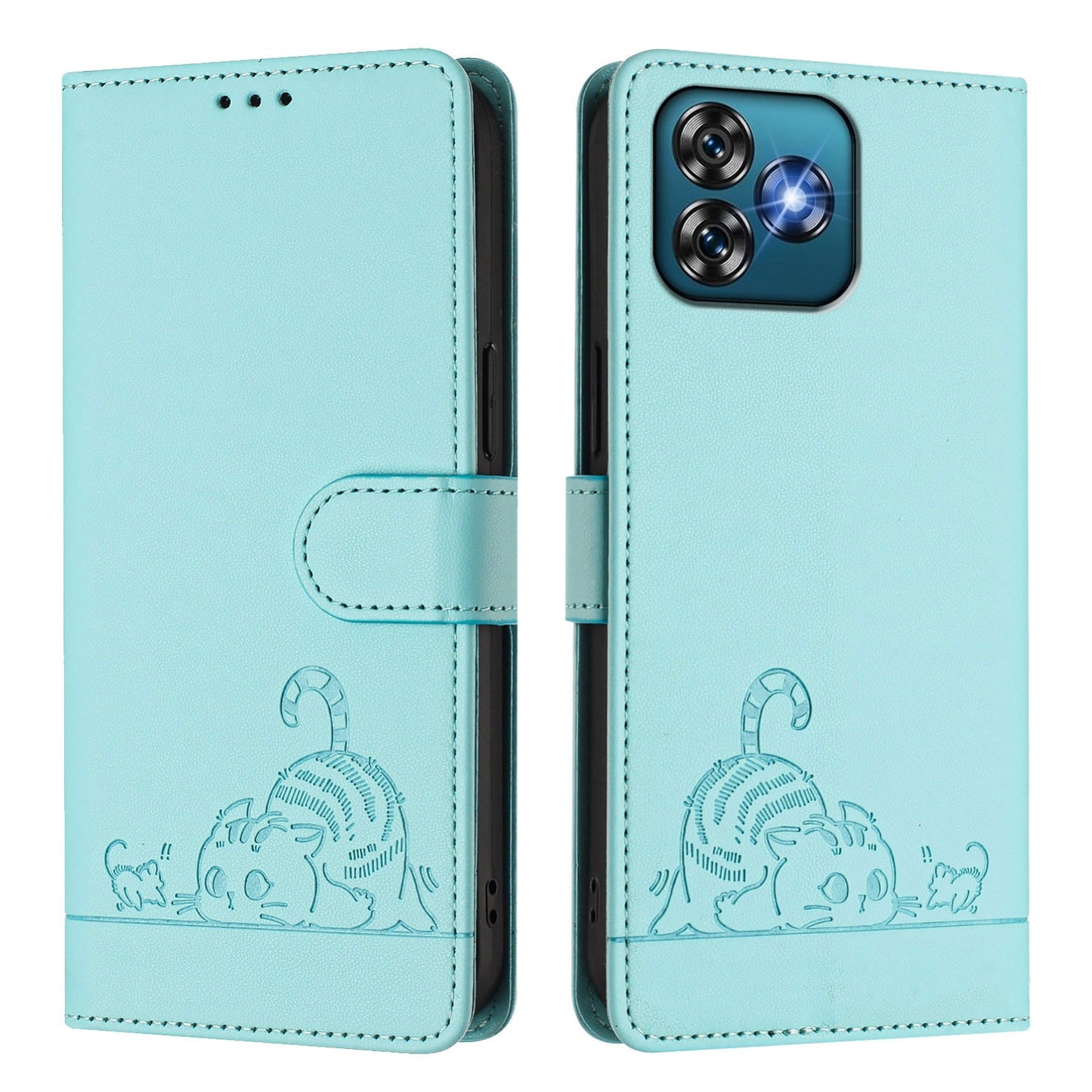 Oukitel C53 Cat and Rat Embossed Pattern, RFID Leather Phone Case with Lanyard, Kickstand, and Wallet Features