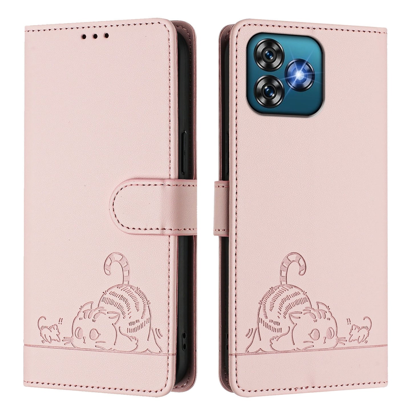 Oukitel C53 Cat and Rat Embossed Pattern, RFID Leather Phone Case with Lanyard, Kickstand, and Wallet Features