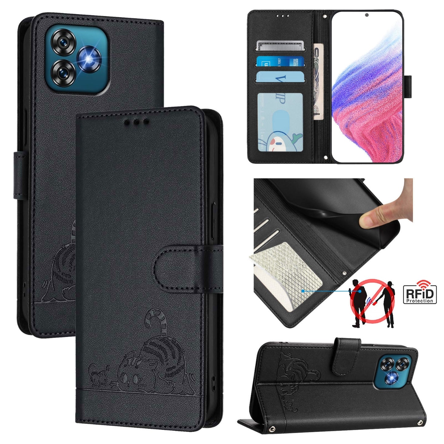 Oukitel C53 Cat and Rat Embossed Pattern, RFID Leather Phone Case with Lanyard, Kickstand, and Wallet Features