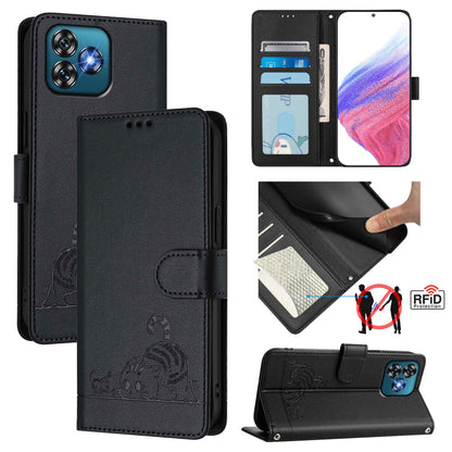 Oukitel C53 Cat and Rat Embossed Pattern, RFID Leather Phone Case with Lanyard, Kickstand, and Wallet Features