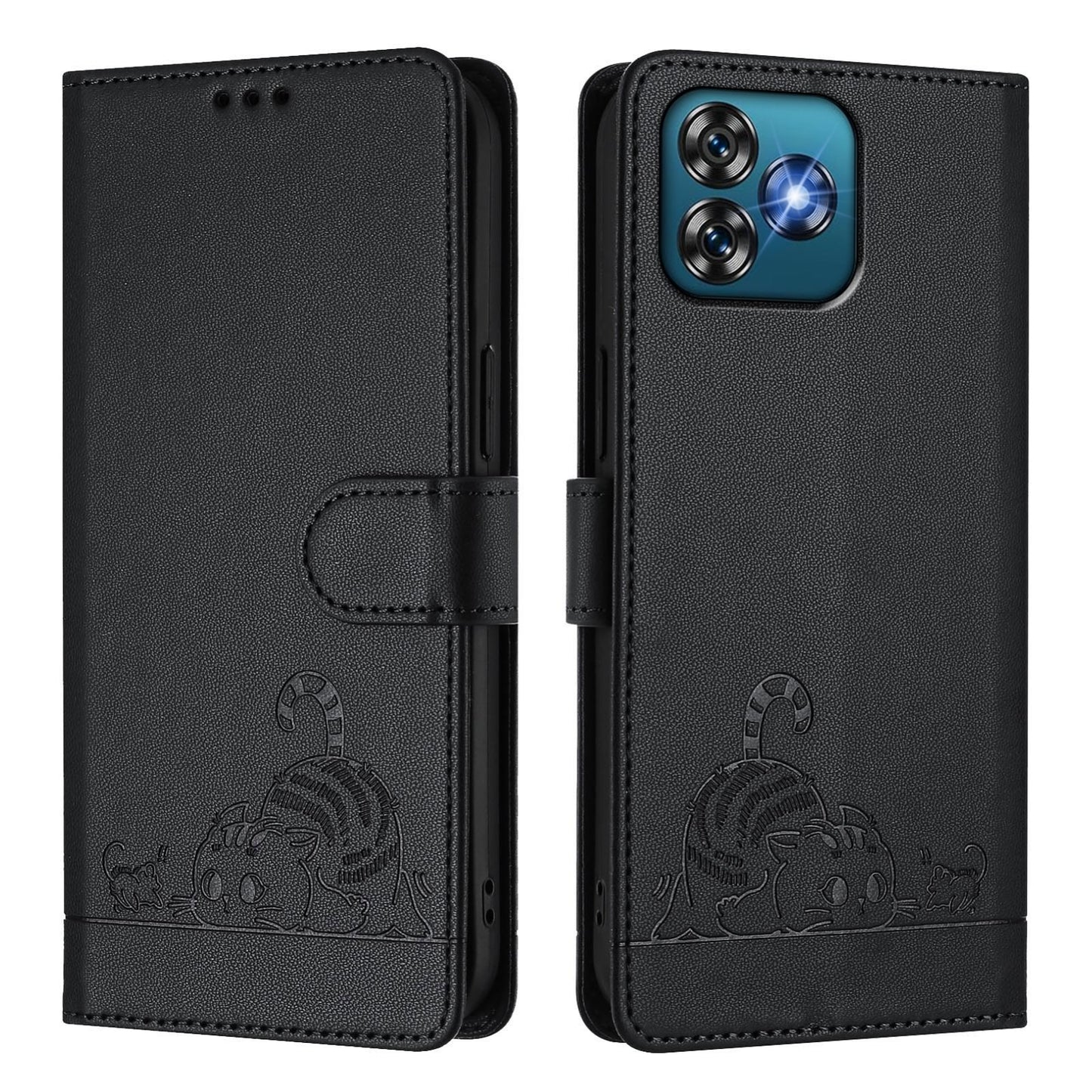 Oukitel C53 Cat and Rat Embossed Pattern, RFID Leather Phone Case with Lanyard, Kickstand, and Wallet Features