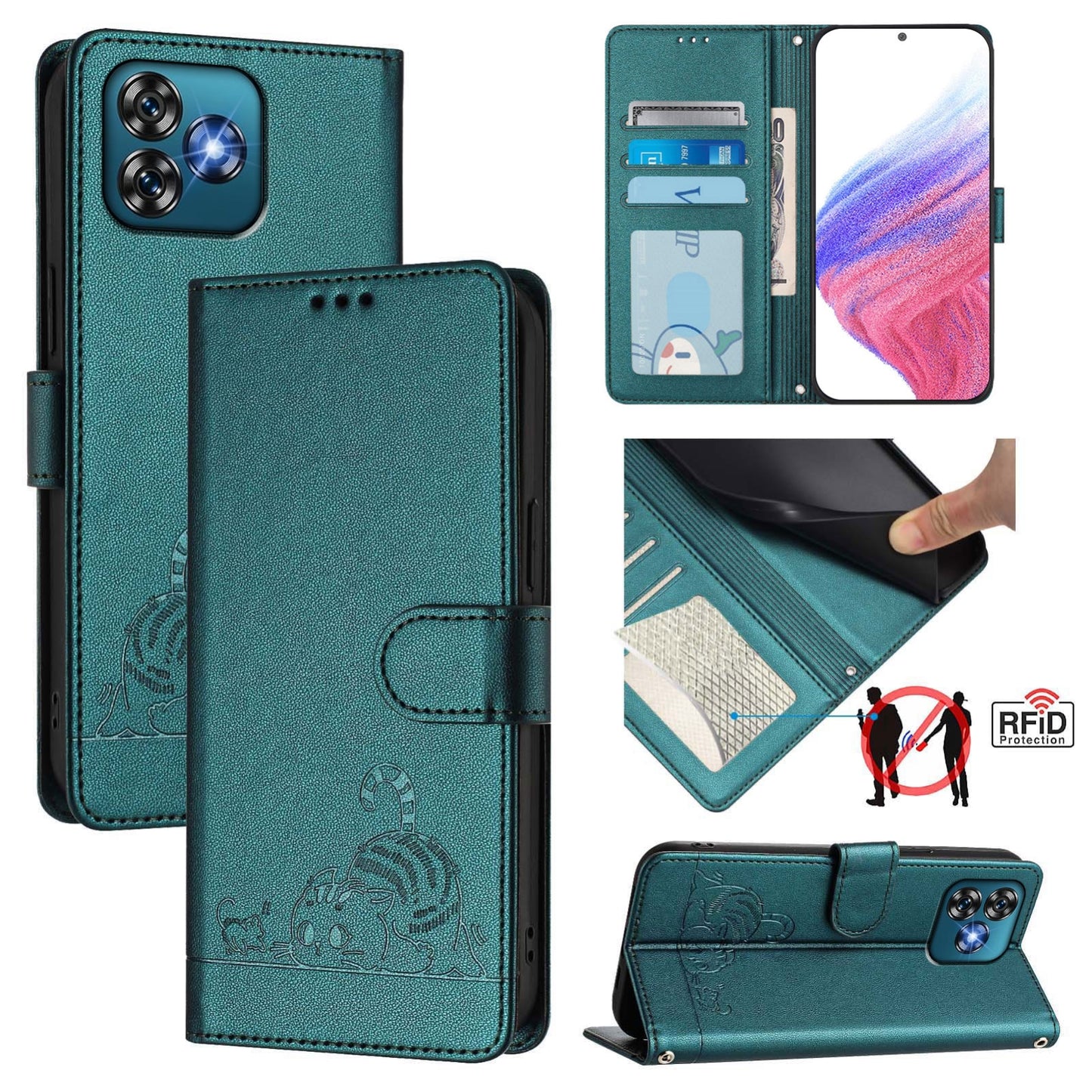 Oukitel C53 Cat and Rat Embossed Pattern, RFID Leather Phone Case with Lanyard, Kickstand, and Wallet Features