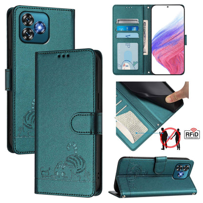 Oukitel C53 Cat and Rat Embossed Pattern, RFID Leather Phone Case with Lanyard, Kickstand, and Wallet Features