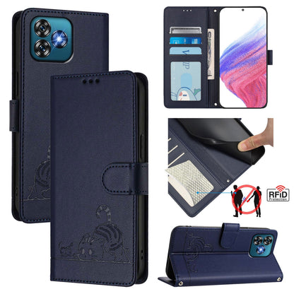 Oukitel C53 Cat and Rat Embossed Pattern, RFID Leather Phone Case with Lanyard, Kickstand, and Wallet Features