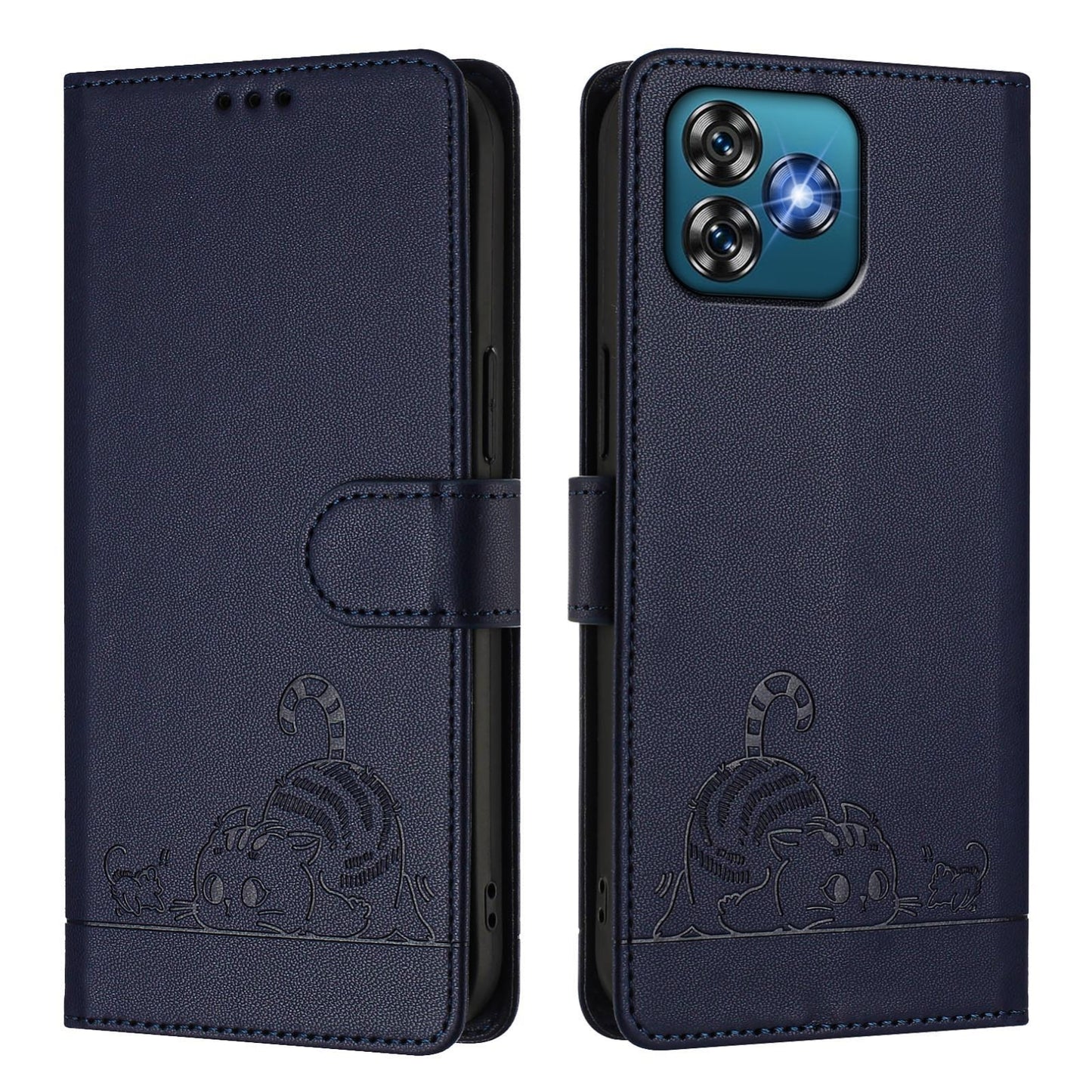 Oukitel C53 Cat and Rat Embossed Pattern, RFID Leather Phone Case with Lanyard, Kickstand, and Wallet Features