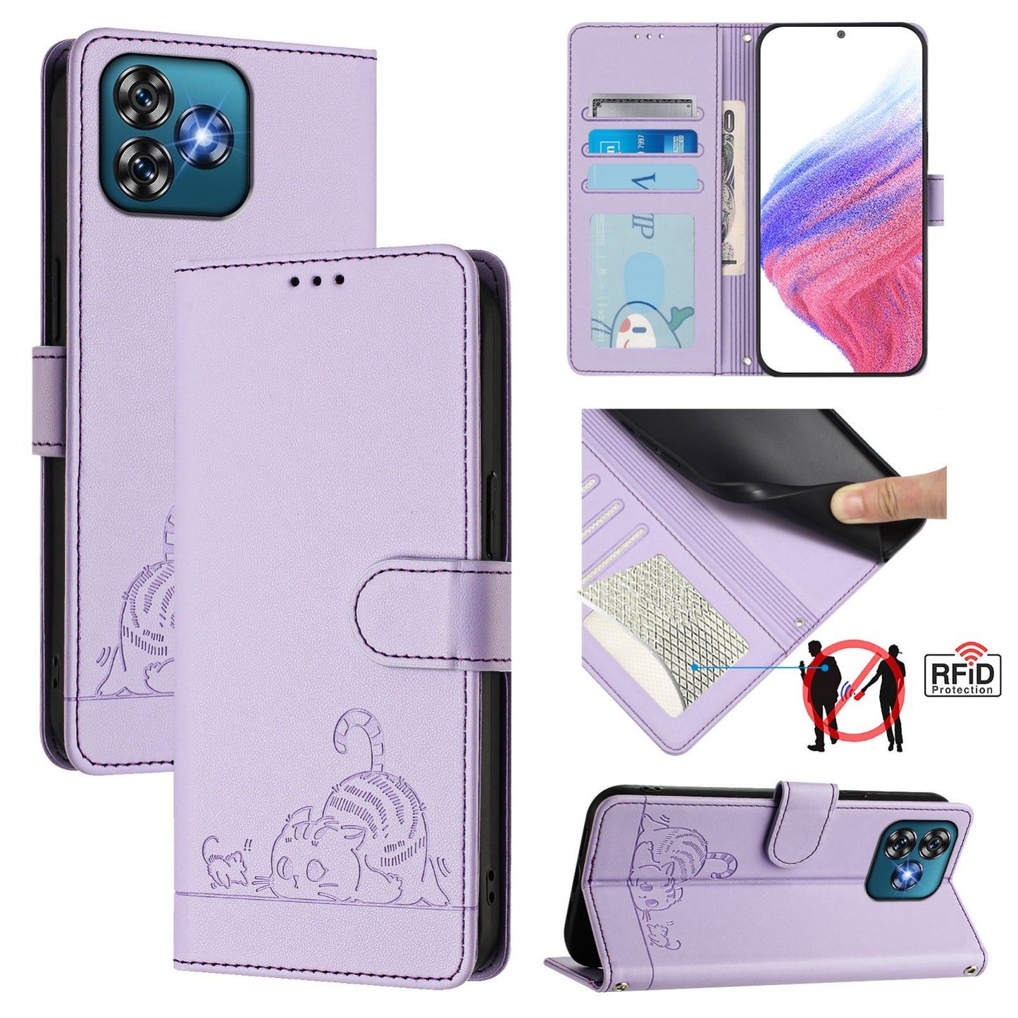 Oukitel C53 Cat and Rat Embossed Pattern, RFID Leather Phone Case with Lanyard, Kickstand, and Wallet Features