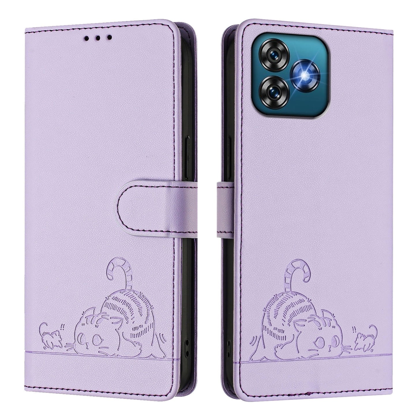 Oukitel C53 Cat and Rat Embossed Pattern, RFID Leather Phone Case with Lanyard, Kickstand, and Wallet Features