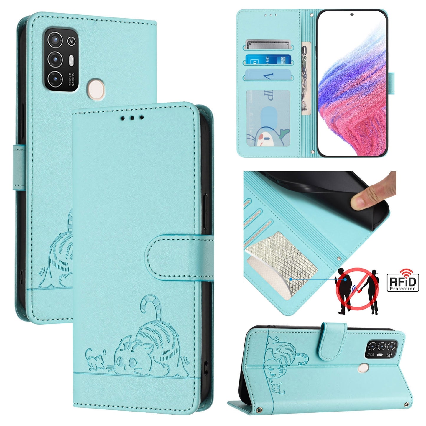 ZTE Blade A52 Cat and Rat Embossed Pattern, RFID Leather Phone Case with Lanyard, Kickstand, and Wallet Features