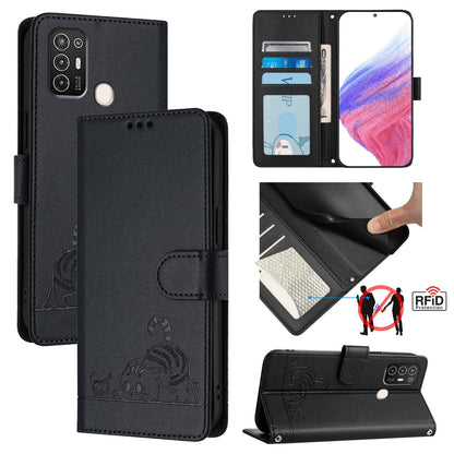 ZTE Blade A52 Cat and Rat Embossed Pattern, RFID Leather Phone Case with Lanyard, Kickstand, and Wallet Features