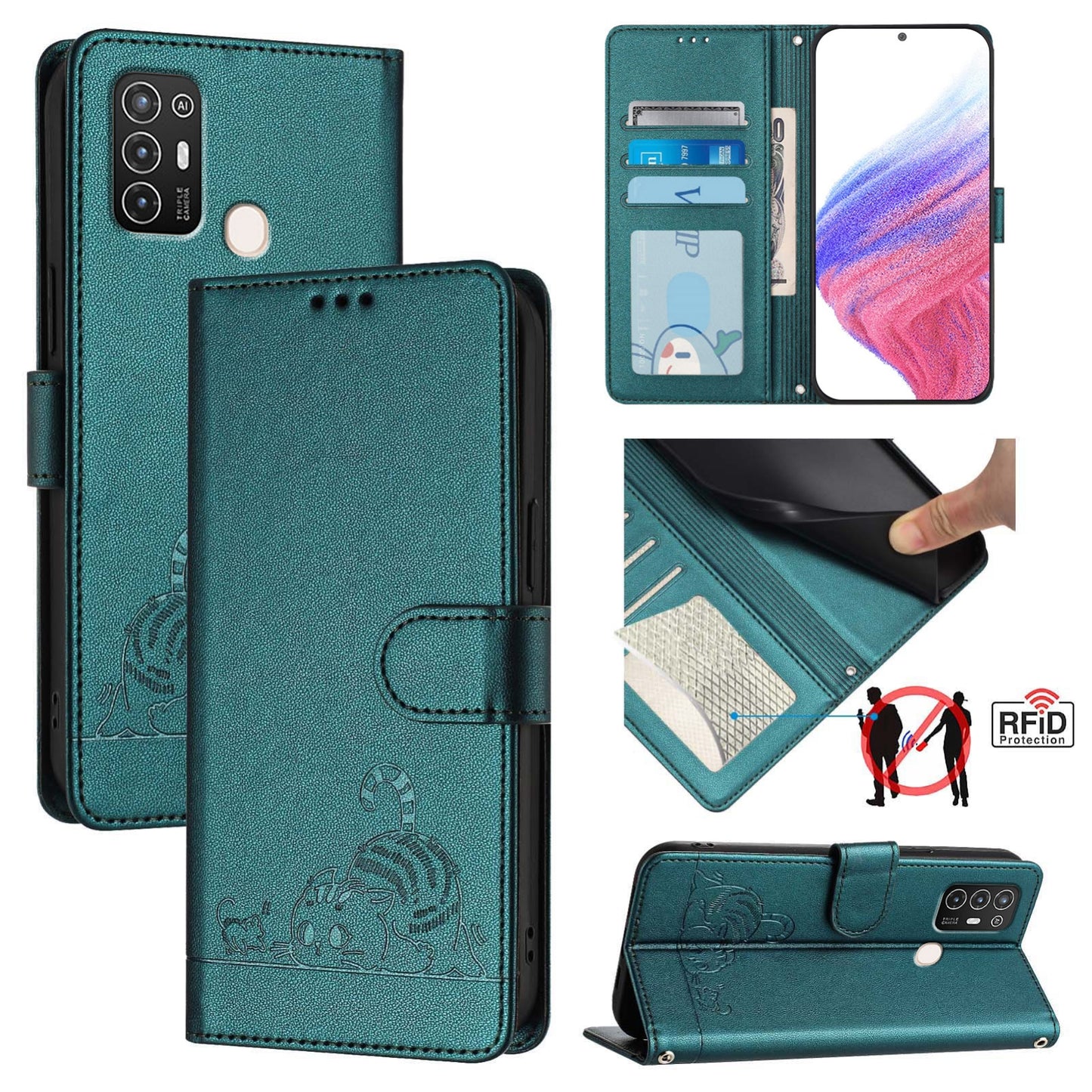 ZTE Blade A52 Cat and Rat Embossed Pattern, RFID Leather Phone Case with Lanyard, Kickstand, and Wallet Features