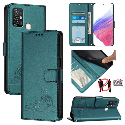 ZTE Blade A52 Cat and Rat Embossed Pattern, RFID Leather Phone Case with Lanyard, Kickstand, and Wallet Features