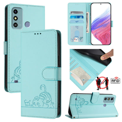 ZTE Blade A53 Cat and Rat Embossed Pattern, RFID Leather Phone Case with Lanyard, Kickstand, and Wallet Features