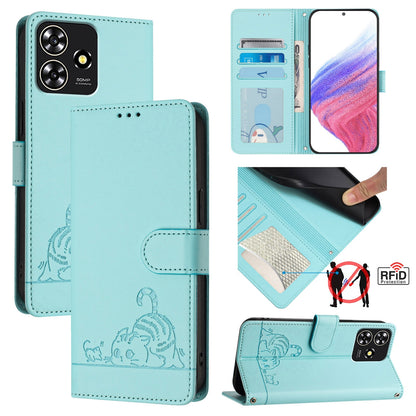 ZTE Blade A73 4G Cat and Rat Embossed Pattern, RFID Leather Phone Case with Lanyard, Kickstand, and Wallet Features