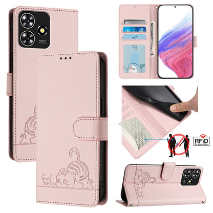 ZTE Blade A73 4G Cat and Rat Embossed Pattern, RFID Leather Phone Case with Lanyard, Kickstand, and Wallet Features