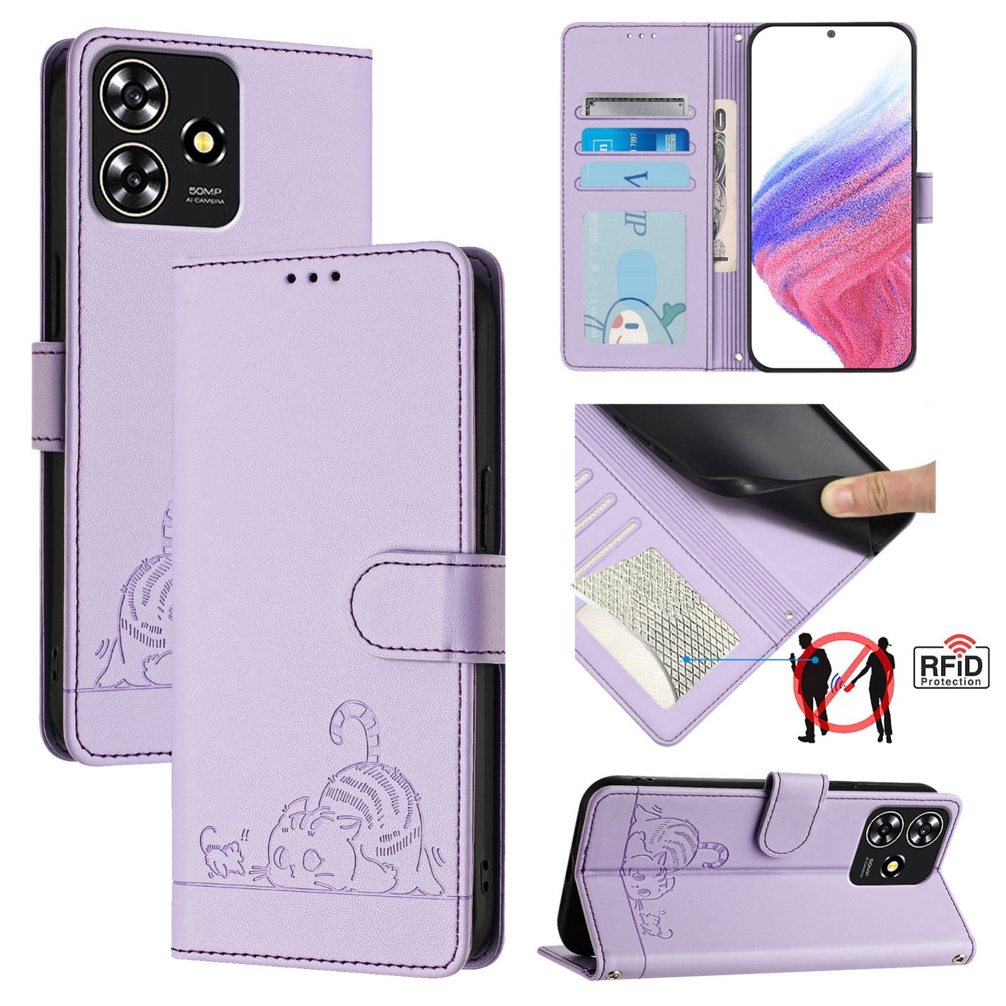 ZTE Blade A73 4G Cat and Rat Embossed Pattern, RFID Leather Phone Case with Lanyard, Kickstand, and Wallet Features