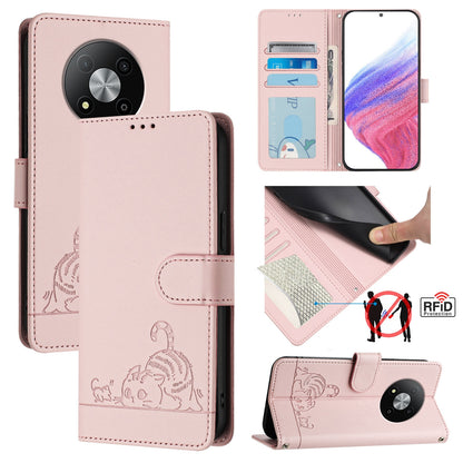 ZTE Blade A73 5G Cat and Rat Embossed Pattern, RFID Leather Phone Case with Lanyard, Kickstand, and Wallet Features