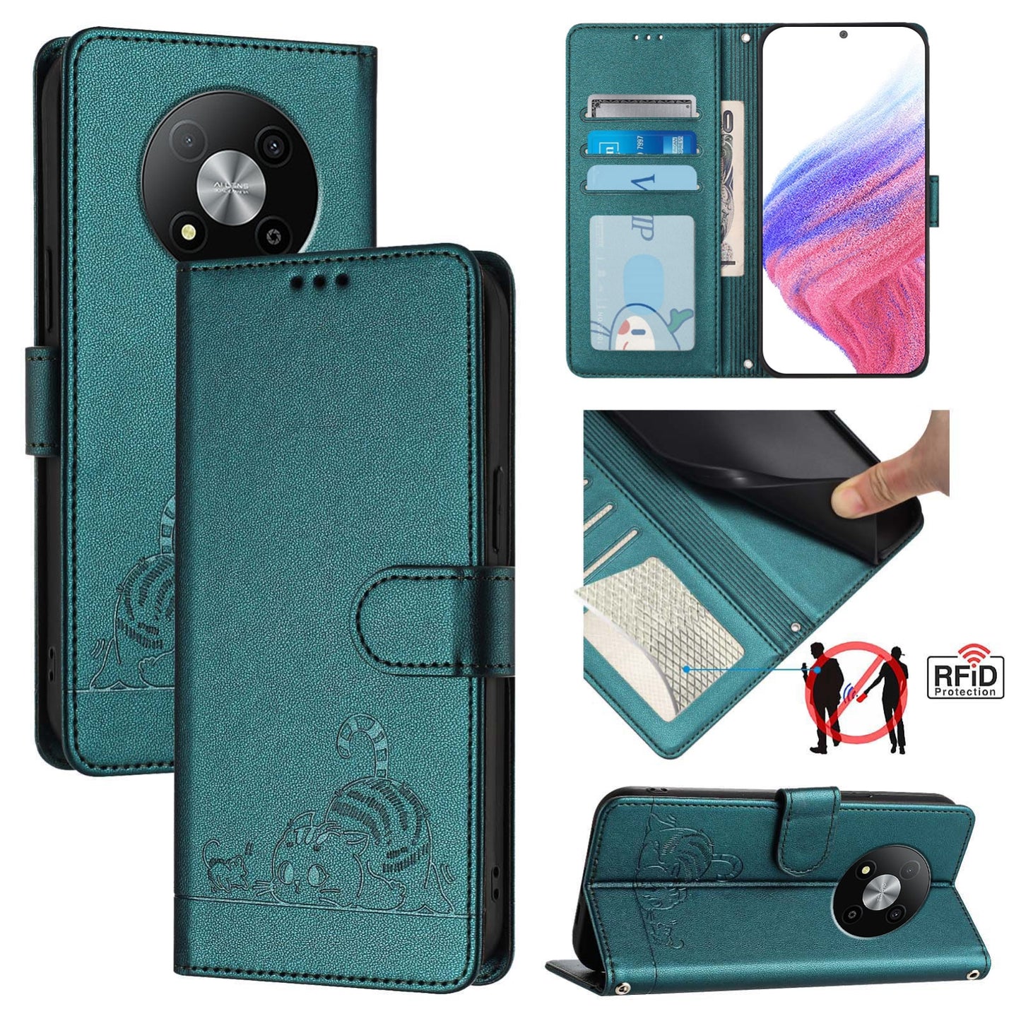 ZTE Blade A73 5G Cat and Rat Embossed Pattern, RFID Leather Phone Case with Lanyard, Kickstand, and Wallet Features