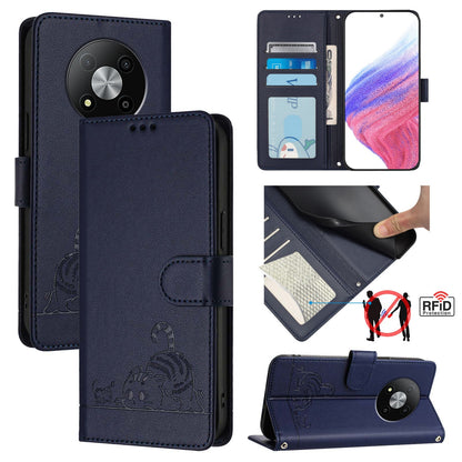 ZTE Blade A73 5G Cat and Rat Embossed Pattern, RFID Leather Phone Case with Lanyard, Kickstand, and Wallet Features