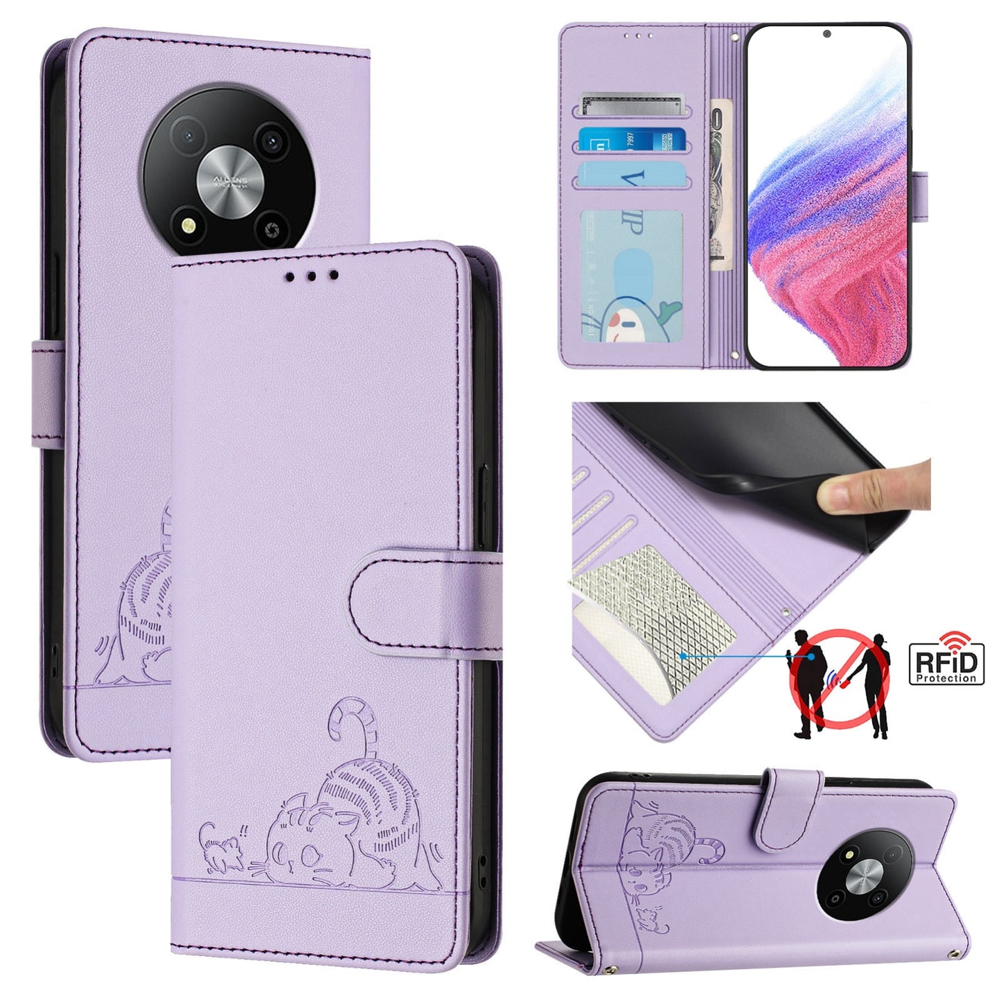 ZTE Blade A73 5G Cat and Rat Embossed Pattern, RFID Leather Phone Case with Lanyard, Kickstand, and Wallet Features