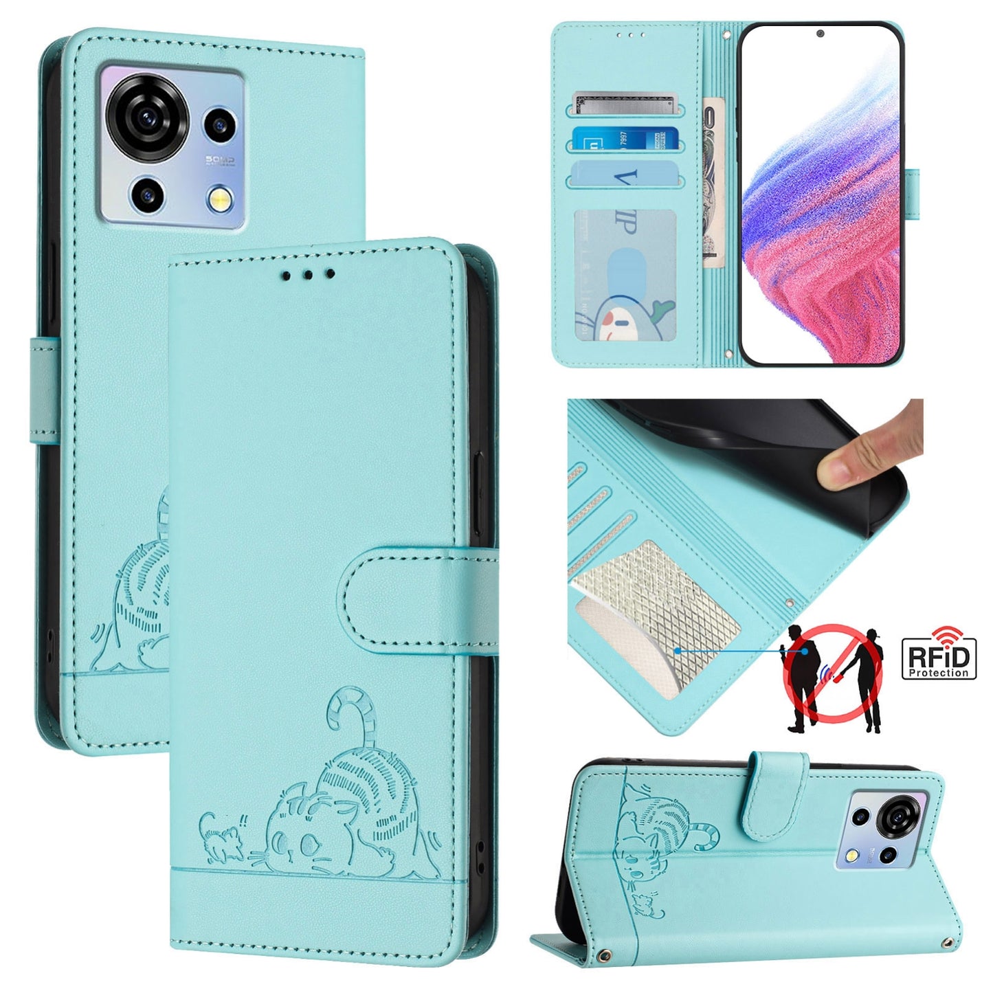 ZTE Blade V50 Vita Cat and Rat Embossed Pattern, RFID Leather Phone Case with Lanyard, Kickstand, and Wallet Features