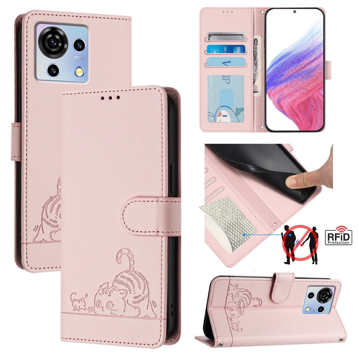 ZTE Blade V50 Vita Cat and Rat Embossed Pattern, RFID Leather Phone Case with Lanyard, Kickstand, and Wallet Features