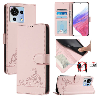 ZTE Blade V50 Vita Cat and Rat Embossed Pattern, RFID Leather Phone Case with Lanyard, Kickstand, and Wallet Features