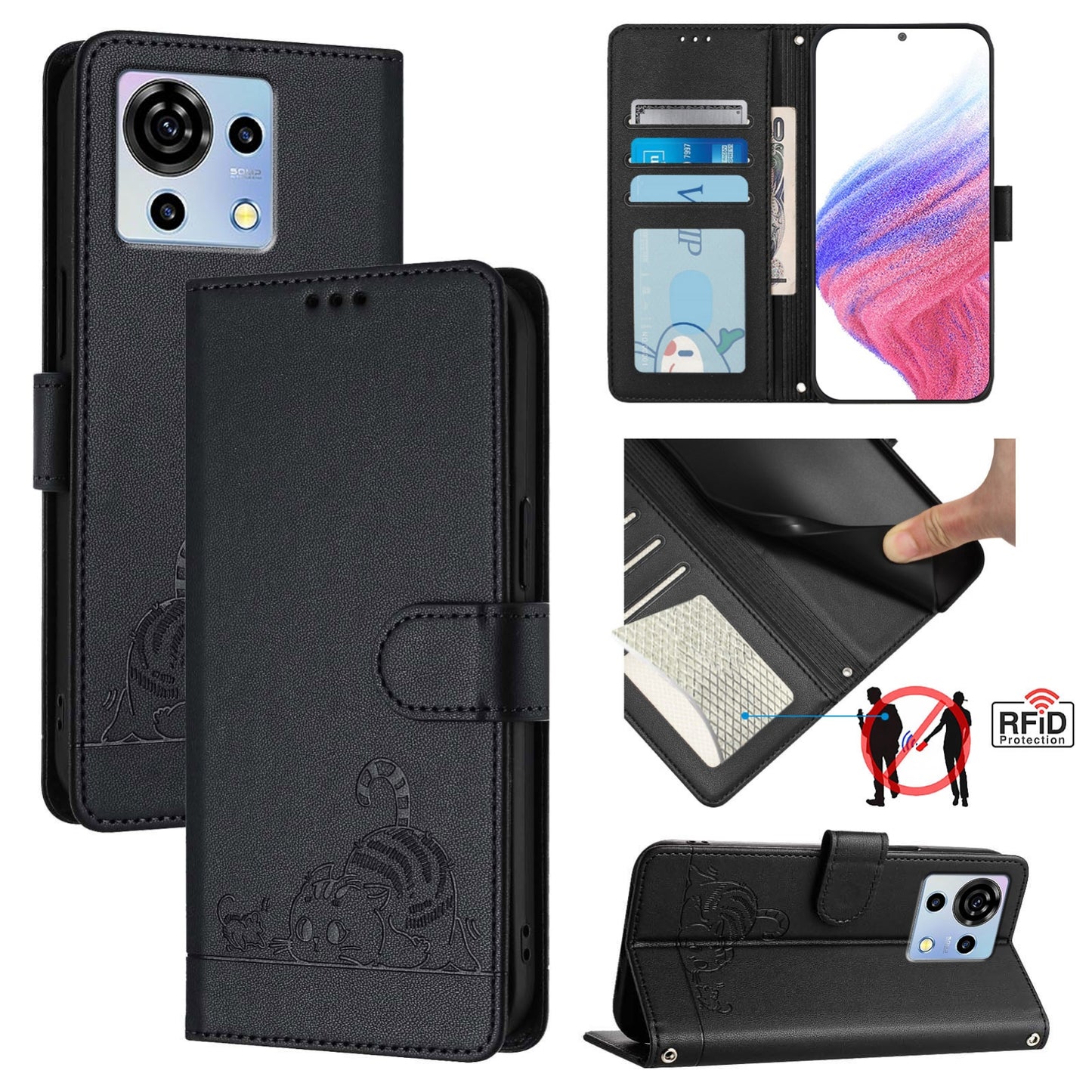 ZTE Blade V50 Vita Cat and Rat Embossed Pattern, RFID Leather Phone Case with Lanyard, Kickstand, and Wallet Features