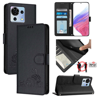 ZTE Blade V50 Vita Cat and Rat Embossed Pattern, RFID Leather Phone Case with Lanyard, Kickstand, and Wallet Features