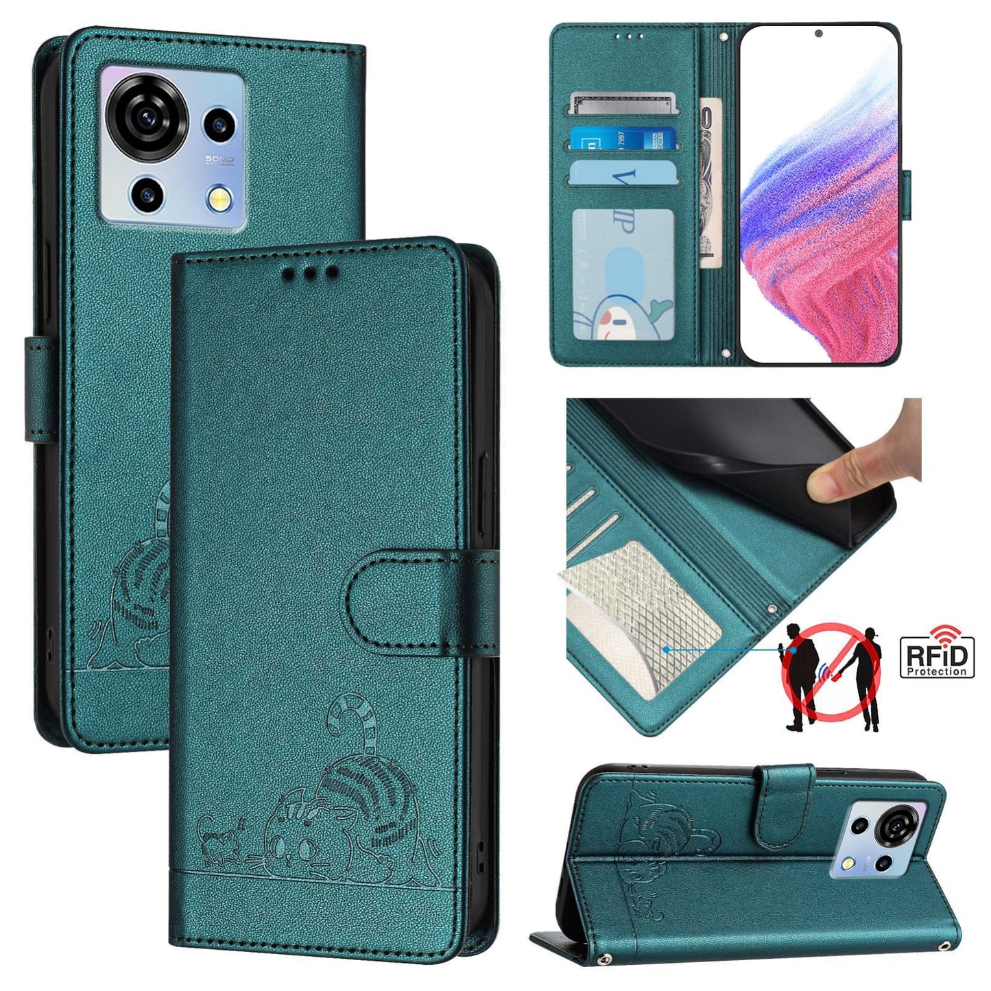 ZTE Blade V50 Vita Cat and Rat Embossed Pattern, RFID Leather Phone Case with Lanyard, Kickstand, and Wallet Features