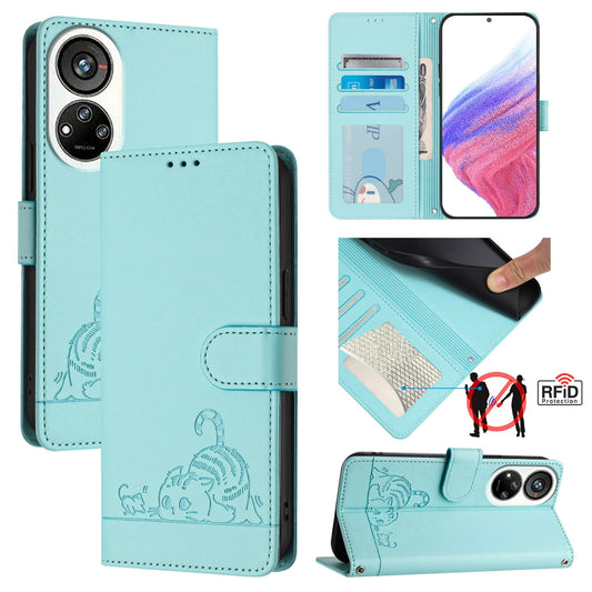 ZTE Blade V40s Cat and Rat Embossed Pattern, RFID Leather Phone Case with Lanyard, Kickstand, and Wallet Features