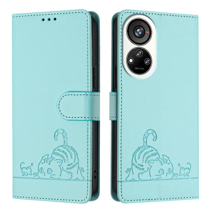 ZTE Blade V40s Cat and Rat Embossed Pattern, RFID Leather Phone Case with Lanyard, Kickstand, and Wallet Features