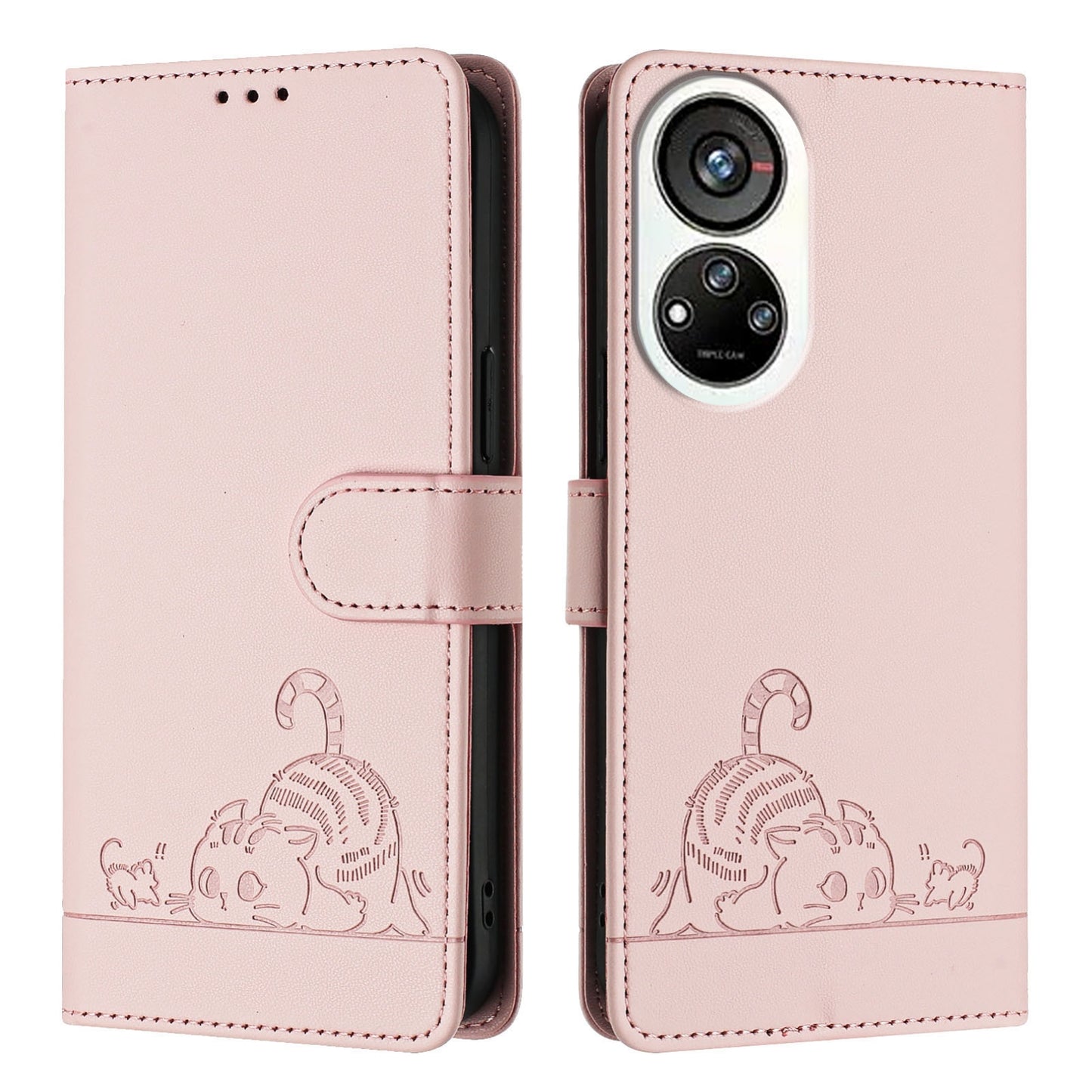 ZTE Blade V40s Cat and Rat Embossed Pattern, RFID Leather Phone Case with Lanyard, Kickstand, and Wallet Features