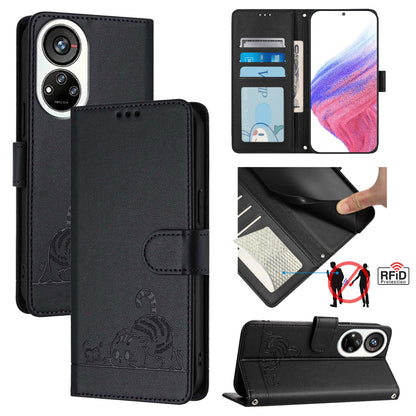 ZTE Blade V40s Cat and Rat Embossed Pattern, RFID Leather Phone Case with Lanyard, Kickstand, and Wallet Features