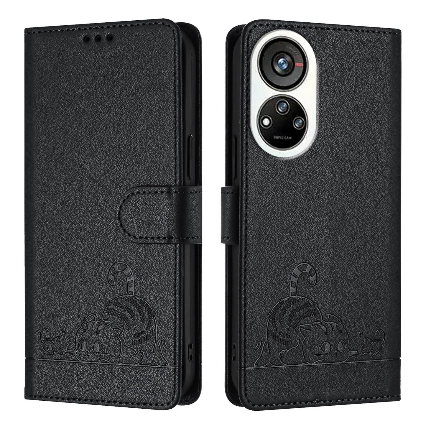 ZTE Blade V40s Cat and Rat Embossed Pattern, RFID Leather Phone Case with Lanyard, Kickstand, and Wallet Features