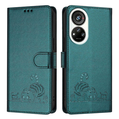 ZTE Blade V40s Cat and Rat Embossed Pattern, RFID Leather Phone Case with Lanyard, Kickstand, and Wallet Features