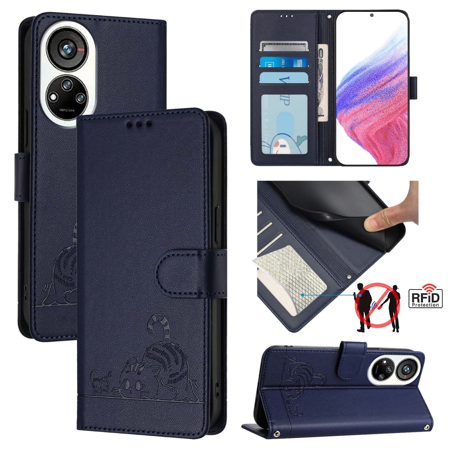 ZTE Blade V40s Cat and Rat Embossed Pattern, RFID Leather Phone Case with Lanyard, Kickstand, and Wallet Features