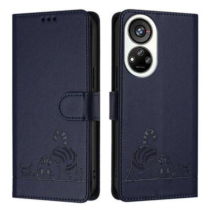 ZTE Blade V40s Cat and Rat Embossed Pattern, RFID Leather Phone Case with Lanyard, Kickstand, and Wallet Features