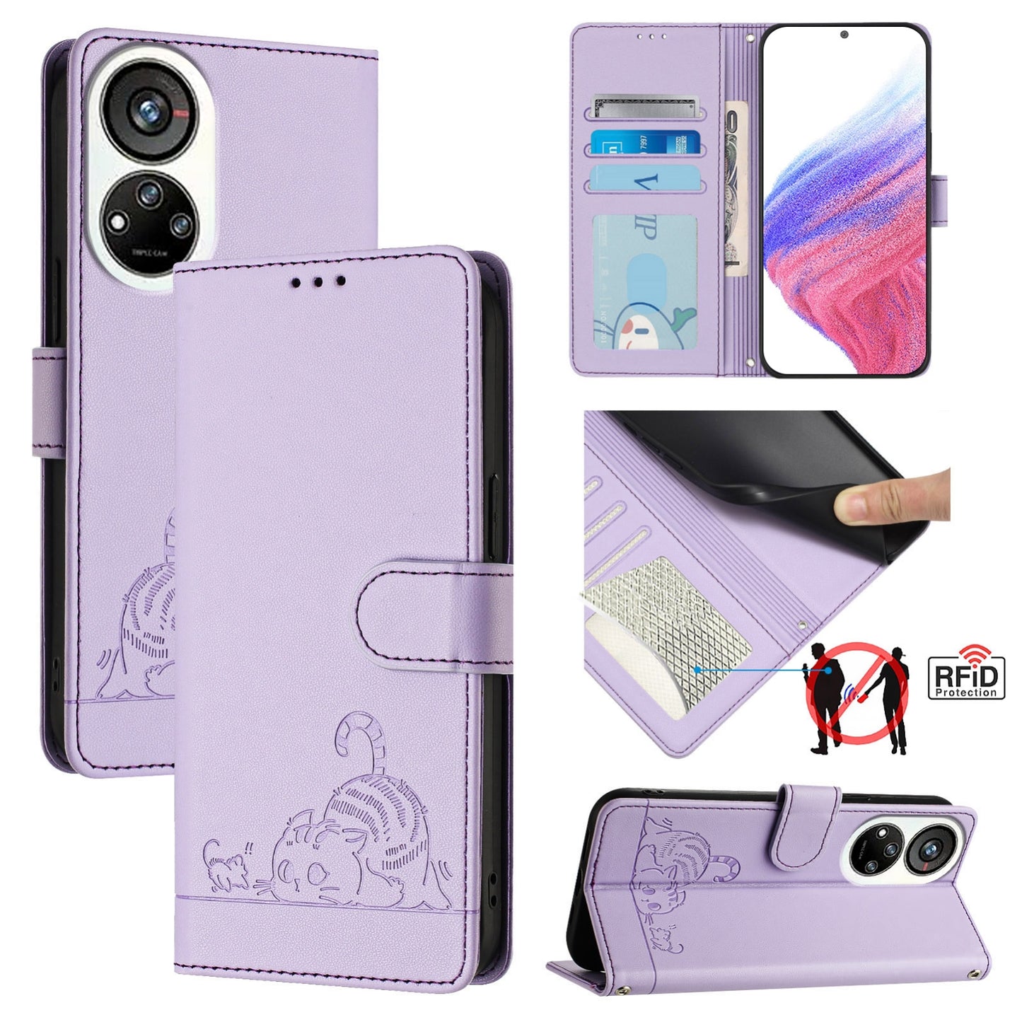 ZTE Blade V40s Cat and Rat Embossed Pattern, RFID Leather Phone Case with Lanyard, Kickstand, and Wallet Features