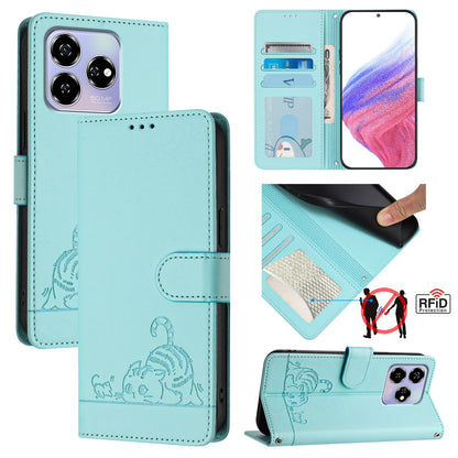 ZTE Blade V60 Cat and Rat Embossed Pattern, RFID Leather Phone Case with Lanyard, Kickstand, and Wallet Features