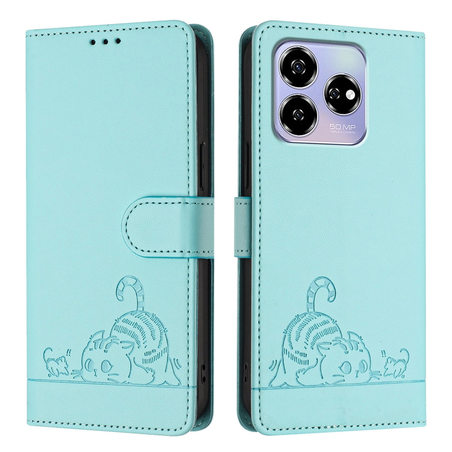 ZTE Blade V60 Cat and Rat Embossed Pattern, RFID Leather Phone Case with Lanyard, Kickstand, and Wallet Features