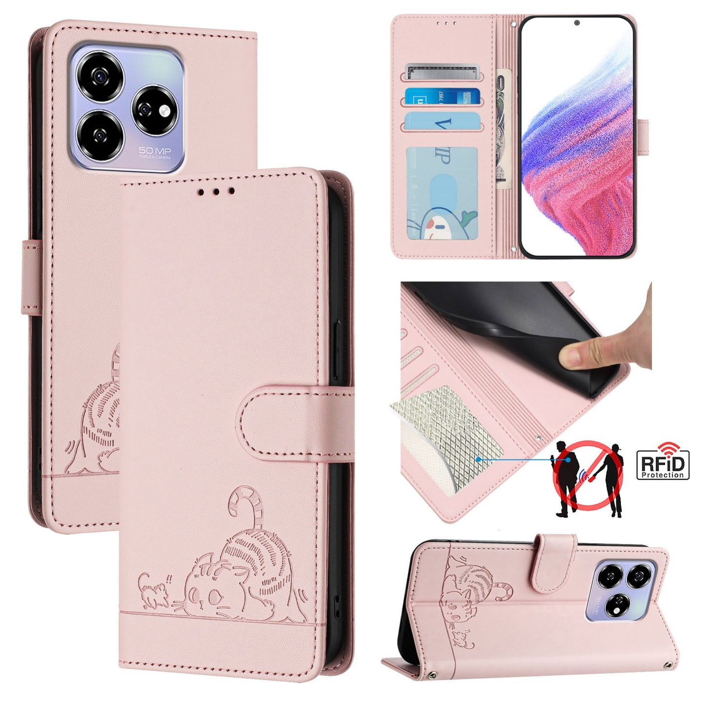 ZTE Blade V60 Cat and Rat Embossed Pattern, RFID Leather Phone Case with Lanyard, Kickstand, and Wallet Features