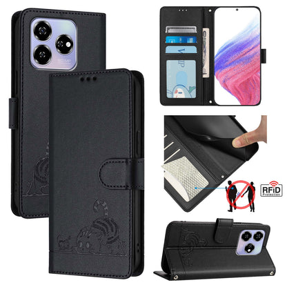 ZTE Blade V60 Cat and Rat Embossed Pattern, RFID Leather Phone Case with Lanyard, Kickstand, and Wallet Features